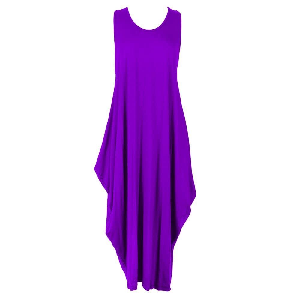 Zee Fashion Women's Purple New Italian Lagenlook Tulip Parachute Dress Stretchy Sleeveless Long Tunic Top 8-18