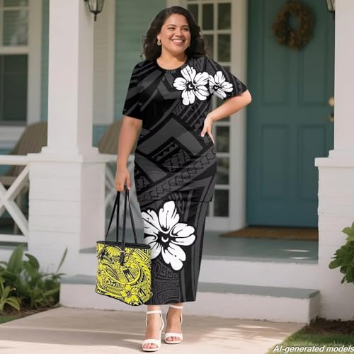 Image of Polynesian Dress for Women Short Sleeve High Waist Maxi Skirt | Puletasi dress, t-shirt and skirt two-piece, elastic material, lightweight, soft, plus size, luau party, wedding, clubwear