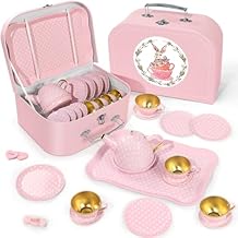 Tea Party Set for Little Girls, Princess Tea Time Toys Including Tin Teapot Set Cups Carrying Case, Toddlers Pretend Role Play Kids Kitchen Toys Birthday Gifts Age 3 4 5 6