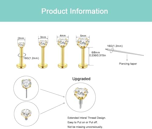 QXXPVV 16G Flat Back Earrings Stud Stainless Steel Extended Internally Thread Tragus Labret Nose Cartilage Lip Medusa Conch Body Piercing Jewelry Hypoallergenic for Women Men(4pairs 16G Silver 6mm)