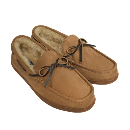 Cole Haan Cole Haan Men’s Microsuede Moccasin Slippers – Indoor-Outdoor Soft Plush Slip-Ons, Suede Upper, Faux Fur for Warmth, Golden Honey, 11