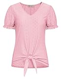 Tie Front T Shirts for Women V Neck Short Sleeve Basic Tunic Dressy Casual Work Blouses Pink M