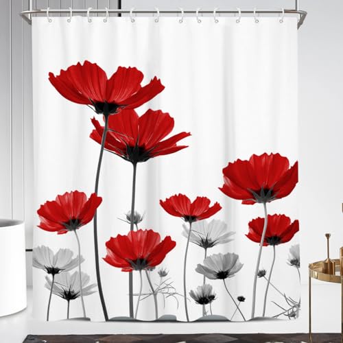 Coxila Red Floral Shower Curtain Extra Long Grey Black White Rose Poppy Petals Flowers Elegance Art for Bathroom 72 x 84 Inch Polyester Fabric 12 Pack Hooks by Coxila - Used condition - US$17.31