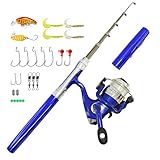 Portable Mini Small Pen Fishing Rod and Reel Combos, Compact 38inch Pocket Fishing Pole Telescopic with Spinning Reel, Lures, Hooks for Raft, River, Lake, Ice Fishing and So On (Blue)