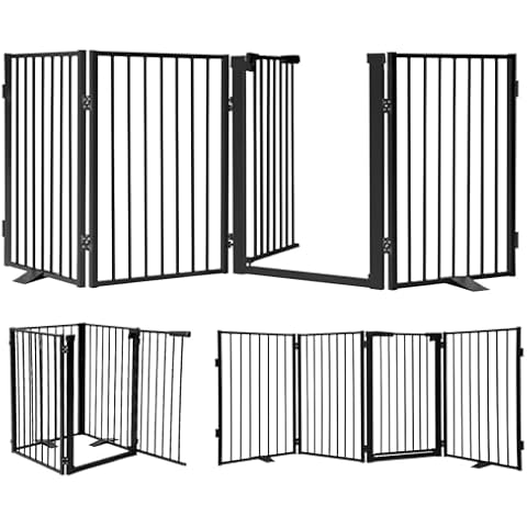 Snagle Paw Metal Freestanding Dog Gate with Door, 80” W x 24” H Dog Fence with Support Feet for Doorways, Stairs and Hallways, Portable Pet Gate for Indoor and Outdoor Use (4 Panel, Black) Cover