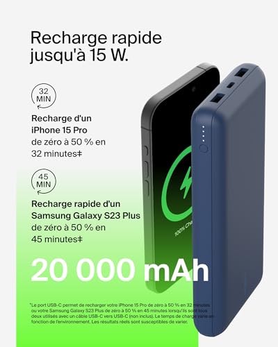 Belkin Batterie externe USB-C 20000mAh (power bank puissance de 20K, entrée et sortie USB-C, 2 ports USB-A, câble USB-C vers USB-A fourni, pour iPhone, Galaxy, Pixel, iPad, AirPods, etc.) - Bleu