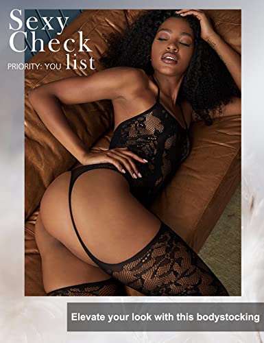 RSLOVE Women Fishnet Bodystocking Attached Stockings Sexy Lingerie Crotchless Bodysuit One Piece Babydoll One Size Black - Thumbnail 4