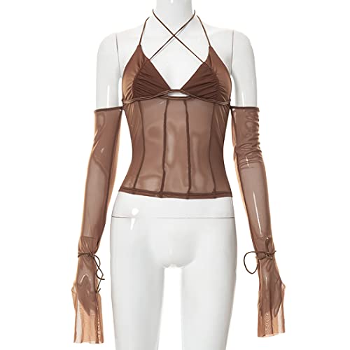 Meladyan Mesh Patchwork Halter Crop Corset Top #TOP5