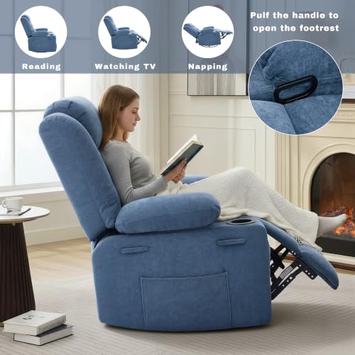 Image of Swivel Rocker Recliner Chair, Manual Recliner Single Sofa with Cup Holders, Chenille Fabric, Modern Nursery Rocking Chair with Side Pocket for Living Room, Apartment, Blue