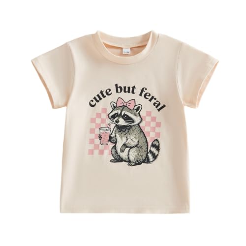 Toddler Baby Girl Summer Outfit Cute But Feral Raccoon Shirt Short Sleeve Tops T-Shirt Little Kids Casual Clothes (Color Apricot 18-24 Months)