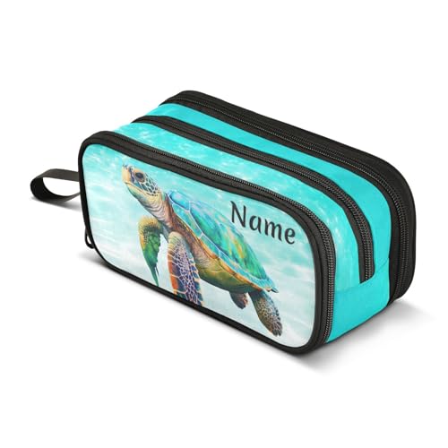 Image of Custom Sea Turtle Teal Pencil Case Box Boys Girls Personalized Name Large Pencil Pouch Stationery Pen Bag Organizer for Kids Adults School Office