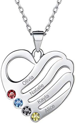 Custom4U Birthstone Gifts Necklace,Personalised Heart Pendant with 2/3/4/5 Names,Jewellery for Women Mum Best Friend,45+5cm/18''+2'' (with Gift Box)
