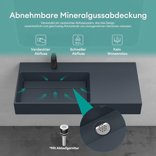 Mai & Mai Waschbecken Aufsatzwaschbecken Hängewaschbecken Col12-Links 100x48x13cm in matt Anthrazit aus Mineralguss ohne Überlauf