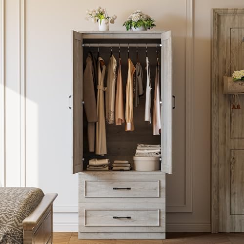 LIKIMIO Armoire Wardrobe Closet with 2 Doors and 2 Drawers 70" H x 28" W Wooden Bedroom Freestanding Wardrobe Combination for Hanging Clothes, Rustic Maple - Image 3
