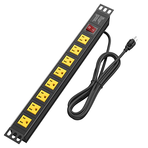 BTU 8 Outlet Rack Mount Power Strip Surge Protector, Wall Mount Heavy Duty Power Strip Outlet, 1u Rack Mount PDU with Switch, 15A/125V 1875W, 6FT Extension Cord, Yellow
