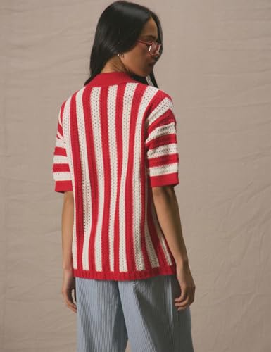 Womens Polo Collared Striped Short Sleeve Sweater Tops Button Crochet Summer Cropped Cardigan2