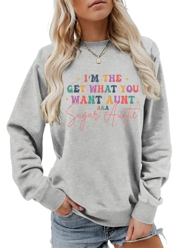 HIQUPN Sugar Auntie Sweatshirt Women Letter Graphic Funny Aunt Life Shirt Crewneck Long Sleeve Auntie Fall Pullover Tops Grey