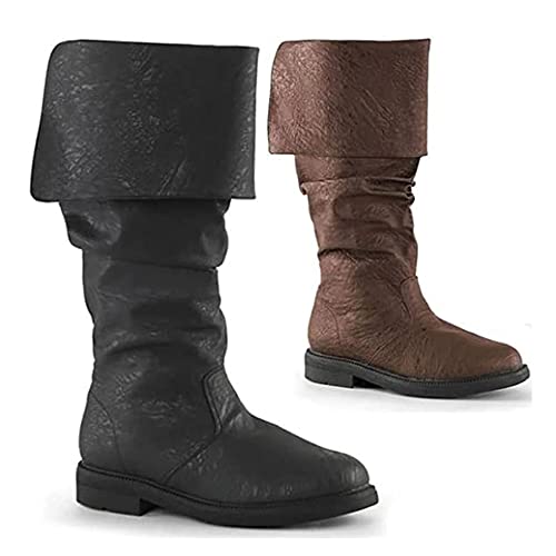 Bnjghcug Medieval Male/Female Pirate Boots - Renaissance Pull On Mid Calf Gothic Boots Flat Boots Round Toe Mid-Heel Cuffed Knight Boots,Black,47 #TOP3