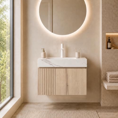 VETRAX 24" Floating Bathroom Vanity and Sink, White Oak, 1-Hole