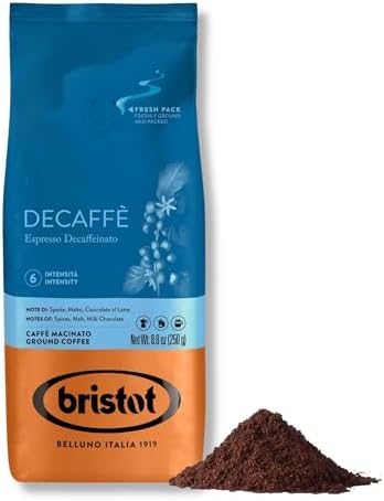 Bristot Decaf Ground Espresso โ Medium Roast Italian Coffee โ Smooth & Bold Flavor โ For Moka, French Press and Filter - 8.8 oz (250g)