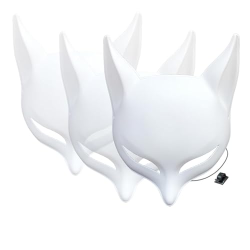 YangYong Maschera Kitsune bianca in tinta unita, per fai da te, in plastica leggera, verniciabile, confezione da 3 (D)