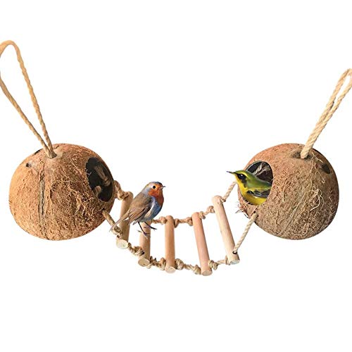 Bird Hides Coconut Nest with Wood Ladder,Syrian Hamster Cage Hanging Natural Coco Shell Hut Hide Toy with Wooden Bridge,Hollow Hideaway Toys for Small Animal Rat Lovebird Finches