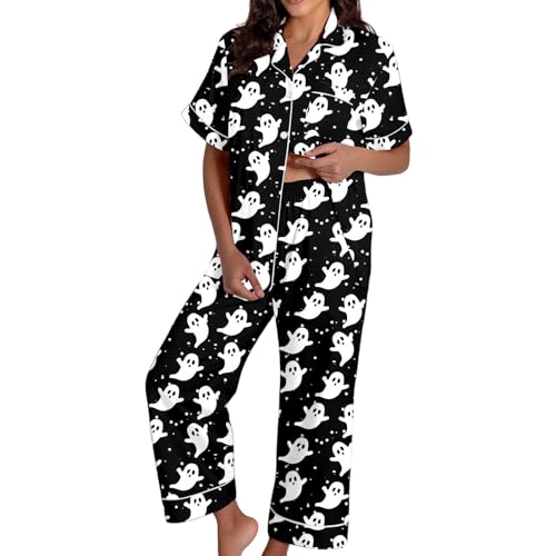 halloween pajama set,Halloween Pajamas Women 2026 Fall Funny Loungewear Sets Button Short Sleeve Tops Matching Sleeppants Cute Pjs Silk Set(26_Black,Large)