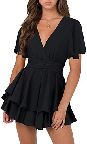 Hocuos Women's Flutter Short Sleeve Plunging V Neck Dress Tie Waist Layer Ruffle Hem A Line Swing Casual Short Mini Dress-Black-Small
