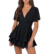 Hocuos Women's Long Lantern Sleeve Plunging V Neck Dress Tie Waist Layer Ruffle Hem A Line Swing ...