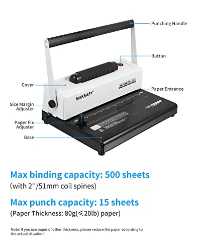 MAKEASY Coil Spiral Binding Machine - Manual Hole Punch - Electric Coil Inserter - Adjustable Side Margin - for Letter Size/A4/A5, Comes with 1 Box 5/16'' Plastic Coil Binding Spines & Plier - Thumbnail 5