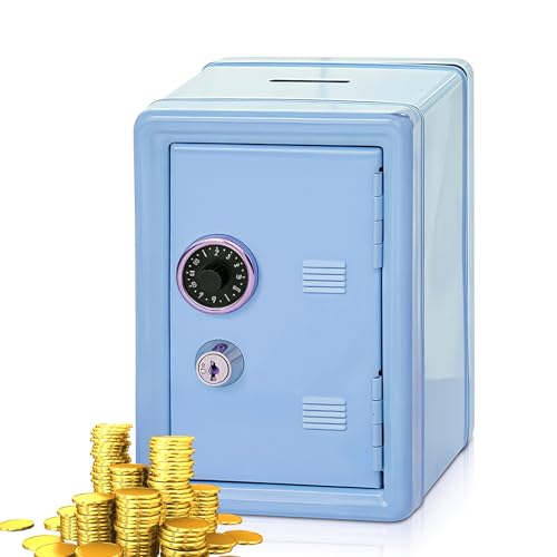 Tirelire coffre-fort mini métal 2 clés H:18 cm L:12 cm l:9,5 cm boîte à monnaie économie (bleu)