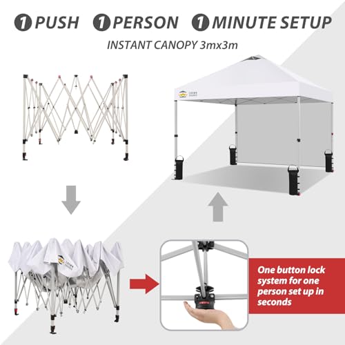 Crown Shades Pop Up Gazebo With 1 Sidewall 3M X 3M, Waterproof Pop Up Tent, Center Lock One Push Instant Event Shelter Canopy, Folding Party Tent With Carry Bag, Bonus 8 Stakes And 4 Ropes, White - 2