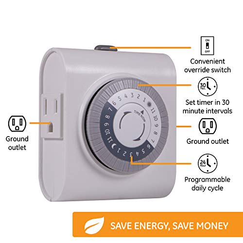 GE 24-Hour Mechanical Outlet Timer - 2 Grounded Outlets, Indoor Light Timers, Daily ON/Off Cycle, 4 Pack, 66405 by GE - Image 2