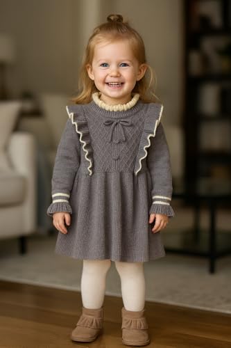 Image of Bold N Elegant Girls Winter Woolen Sweater Dress with Ruffles & Bow | Full Sleeve Woolen Warm Dress for Infant Toddler Baby Girls