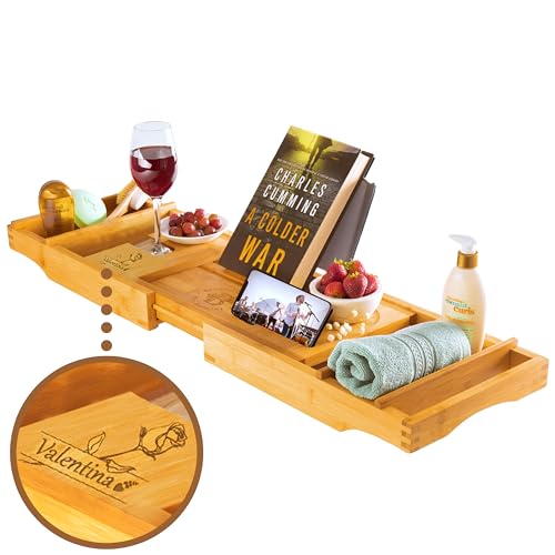 Personalized Bathtub Tray - Engraved Foldable Bamboo Bath Caddy, Tub Tray with Expandable Sides, Luxury Wooden Bath Table for Relaxation Spa - Customized Gift for Mom, Wife, New Home