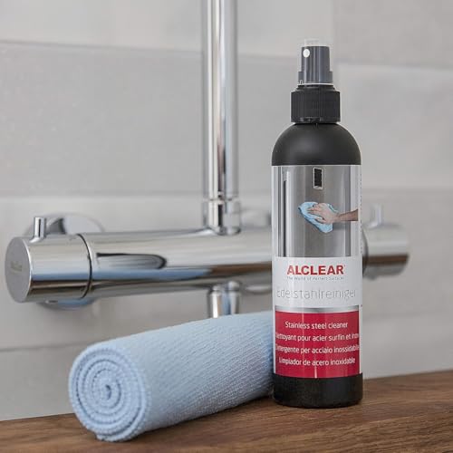ALCLEAR 721ER Edelstahlreiniger Set + Mikrofasertuch - Reiniger für Edelstahlflächen, streifenfrei fettlösend für Küche, Kühlschrankfront, Dunstabzug & mehr – Reinigung ohne Politur – Made in Germany