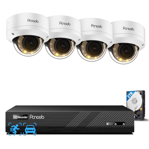 PANOOB 4K Home Security Camera System, 4pcs 8MP Wired IP Vandal IK10 Dome Cameras Outdoor, AI Person Vehicle Detection, Smart Color Night Vision, 2 Way Audio, 4K 8CH NVR with 2TB HDD, PD54Y0408-8M