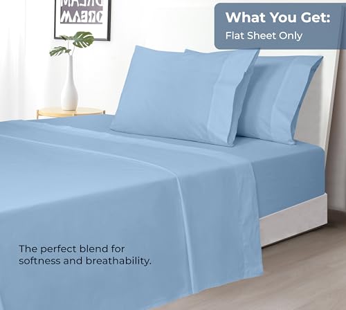 Image of Royale Linens 100% Organic Cotton Queen Flat Sheet Only - Super Soft - Percale Top Sheets - Queen Flat Sheet Sold Separately - Breathable, Cool & Crisp Lake Blue Sheets Only (90 inch x 102 inch, Lake Blue)