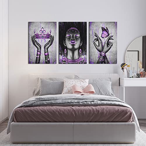 Kalormore Fashion African American Woman Painting Giclee Canvas Prints Elegant Black Girl With Purple Accessories Picture Poster Gallery Wrapped Artwork For Bedroom Makeup Room Decoration #TOP2