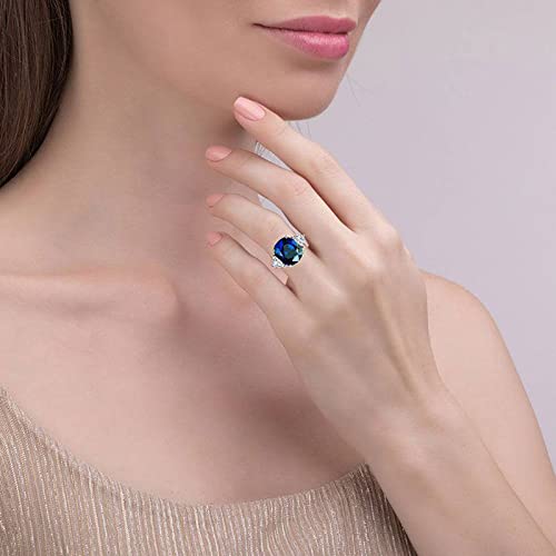 Jeulia Cushion Cut Gemstone Three Stone Ring: Sterling Silver Blue Simulated Sapphire Women's Engagement Ring Wedding Anniversary Christmas Birthday with Jewelry Gift Box4