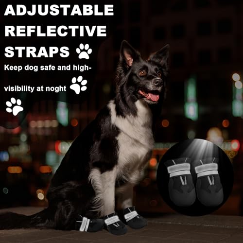 QKURT 4 Stück Hundeschuhe, Hundestiefel Pfotenschutz, wasserdichte Hundeschuhe mit Reflektierenden Riemen, Verstellbare, Waschbare, Pfotenschützer für Kleine, Mittlere und Große Hundee
