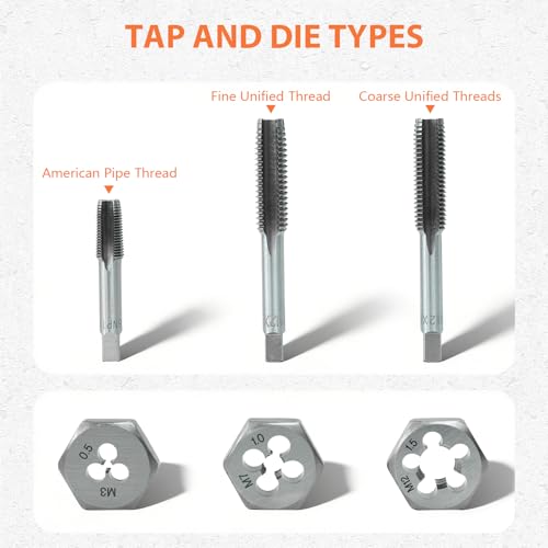 40pcs Tap and Die Set (METRIC), Standard Thread Repair Kit, M3, M4, M5, M6, M7, M8, M10, M12, Both Coarse and Fine Types, Essential Threading Tool Kit with Complete Handles, Accessories and Case