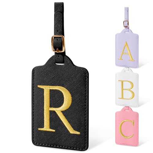 Image of Personalized Initial Luggage Tags for Suitcases, Cute PU Leather Embroidered Letter Travel Luggage Tags, Suitcase Identifier Name Baggage Tag, Bag Tags for Men Women Kids Luggage Handbags(Black R)