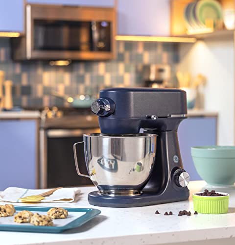 GE Tilt-Head Electric Stand Mixer | 7-Speed, 350-Watt Motor | Includes 5.3-Quart Bowl, Flat Beater, Dough Hook, Wire Whisk & Pouring Shield | Countertop Kitchen Essentials | Sapphire Blue by GE - Image 2