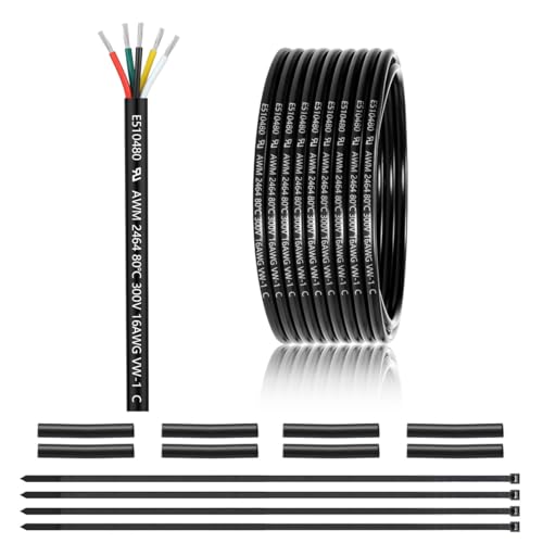 16 Gauge 5 Conductor Electrical Wire 25FT, UL 2464 16 AWG 5 Wire Cable Tinned Copper PVC Stranded 16/5 Core Wire for LED Lighting, Outdoor Low Voltage Extension Cable, Automotive etc.