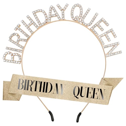 Birthday Sash for Women,Birthday Crowns Tiara Crown Adult Woman,Gold Glitter Rhinestone Tiaras Headband Queen Sash for Girls Princess Party Decorations Accessories Valentines Gifts Stuff for Women