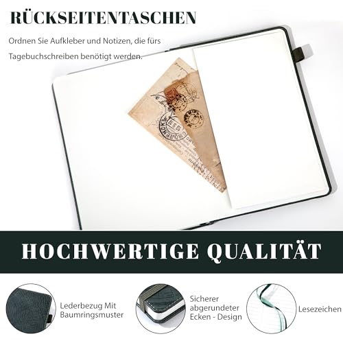 CAGIE Notizbuch A5 Leder Tagebuch für Erwachsene- Hardcover Notizbuch 256 Seiten Baum Jahresring Journal Buch, Liniert Diary, Arbeit, Feine Lnnentasche, Grün
