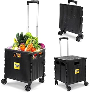 POOTACK Heavy Duty Folding Shopping Trolley on Wheels - Foldable Boot Cart with Wheel - Black Crate Cart with Lid - Storage Box with Handle for Moving