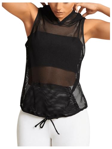 SweatyRocks Women's Mesh Workout Hoodie Tank Tops with Pocket Sport Fishnet Sleeveless Top Black Large