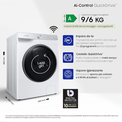 Samsung Lavasciuga 9+6 Kg 60 Cm 1400 Giri Inverter Vapore WD90T954DSH/S3 - 7